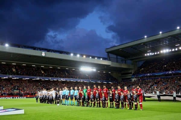 LIVERPOOL, ENGLAND - Wednesday, September 13, 2017: Liverpool and Sevilla players line-up before the UEFA Champions League Group E match between Liverpool and Sevilla at Anfield. (Pic by David Rawcliffe/Propaganda)