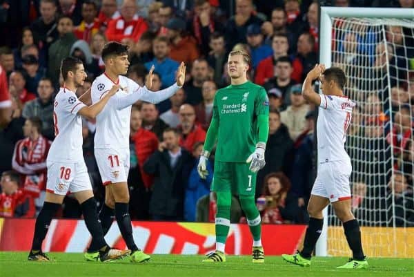 LIVERPOOL, ENGLAND - Wednesday, September 13, 2017: Liverpool's goalkeeper Loris Karius looks dejected as Sevilla score the opening goal during the UEFA Champions League Group E match between Liverpool and Sevilla at Anfield. (Pic by David Rawcliffe/Propaganda)