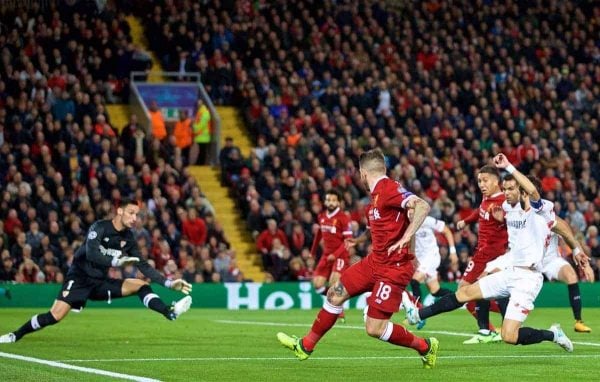 LIVERPOOL, ENGLAND - Wednesday, September 13, 2017: Liverpool's Alberto Moreno crosses to set-up Roberto Firmino to score the first equalising goal during the UEFA Champions League Group E match between Liverpool and Sevilla at Anfield. (Pic by David Rawcliffe/Propaganda)