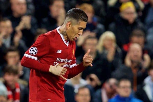 LIVERPOOL, ENGLAND - Wednesday, September 13, 2017: Liverpool's Roberto Firmino dances as he celebrates scoring the first equalising goal during the UEFA Champions League Group E match between Liverpool and Sevilla at Anfield. (Pic by David Rawcliffe/Propaganda)