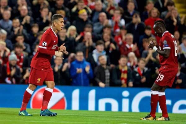 LIVERPOOL, ENGLAND - Wednesday, September 13, 2017: Liverpool's Roberto Firmino dances as he celebrates scoring the first equalising goal during the UEFA Champions League Group E match between Liverpool and Sevilla at Anfield. (Pic by David Rawcliffe/Propaganda)