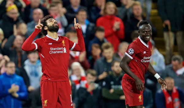 LIVERPOOL, ENGLAND - Wednesday, September 13, 2017: Liverpool's Mohamed Salah celebrates scoring the second goal, with team-mate Sadio Mane, during the UEFA Champions League Group E match between Liverpool and Sevilla at Anfield. (Pic by David Rawcliffe/Propaganda)