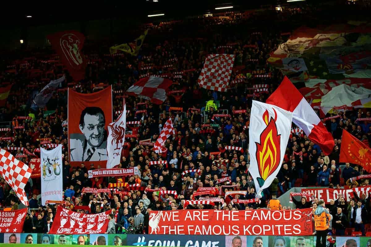 LIVERPOOL, ENGLAND - Wednesday, September 13, 2017: Liverpool's supporters on the Spion Kop before the UEFA Champions League Group E match between Liverpool and Sevilla at Anfield. (Pic by David Rawcliffe/Propaganda)