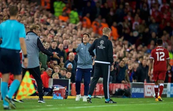 LIVERPOOL, ENGLAND - Wednesday, September 13, 2017: Sevilla's head coach Eduardo Berizzo protests after throwing the ball away during the UEFA Champions League Group E match between Liverpool and Sevilla at Anfield. (Pic by David Rawcliffe/Propaganda)
