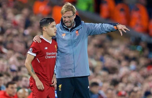 LIVERPOOL, ENGLAND - Wednesday, September 13, 2017: Liverpool's manager Jürgen Klopp prepares to bring on substitute Philippe Coutinho Correia during the UEFA Champions League Group E match between Liverpool and Sevilla at Anfield. (Pic by David Rawcliffe/Propaganda)