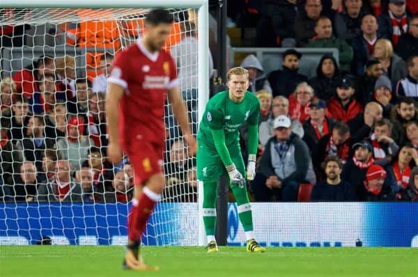 LIVERPOOL, ENGLAND - Wednesday, September 13, 2017: Liverpool's goalkeeper Loris Karius looks dejected as Sevilla score a second equalising goal during the UEFA Champions League Group E match between Liverpool and Sevilla at Anfield. (Pic by David Rawcliffe/Propaganda)