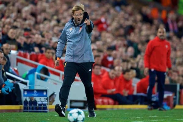 LIVERPOOL, ENGLAND - Wednesday, September 13, 2017: Liverpool's manager Jürgen Klopp reacts during the UEFA Champions League Group E match between Liverpool and Sevilla at Anfield. (Pic by David Rawcliffe/Propaganda)