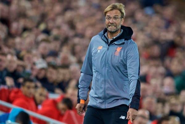 LIVERPOOL, ENGLAND - Wednesday, September 13, 2017: Liverpool's manager Jürgen Klopp reacts during the UEFA Champions League Group E match between Liverpool and Sevilla at Anfield. (Pic by David Rawcliffe/Propaganda)