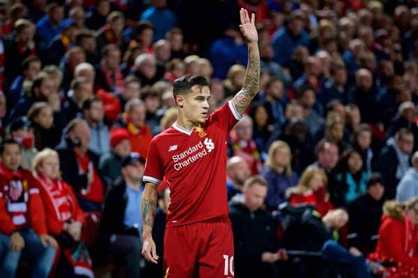 LIVERPOOL, ENGLAND - Wednesday, September 13, 2017: Liverpool's Philippe Coutinho Correia during the UEFA Champions League Group E match between Liverpool and Sevilla at Anfield. (Pic by David Rawcliffe/Propaganda)