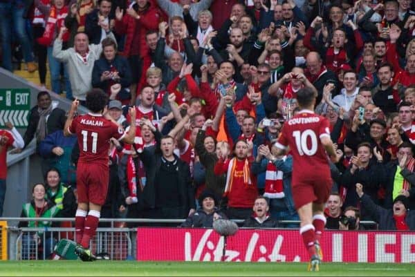 LIVERPOOL, ENGLAND - Saturday, September 16, 2017: Liverpoolís Mohamed Salah celebrates scoring the second goal and making the score 1-1 during the FA Premier League match between Liverpool and Burnley at Anfield. (Pic by Peter Powell/Propaganda)