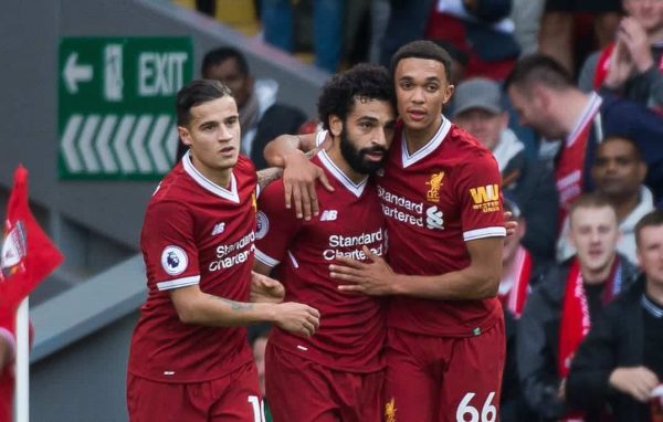 LIVERPOOL, ENGLAND - Saturday, September 16, 2017: Liverpoolís Mohamed Salah (C) is congratulated by Philippe Coutinho (L) and Trent Alexander-Arnold (R) after scoring the second goal during the FA Premier League match between Liverpool and Burnley at Anfield. (Pic by Peter Powell/Propaganda)