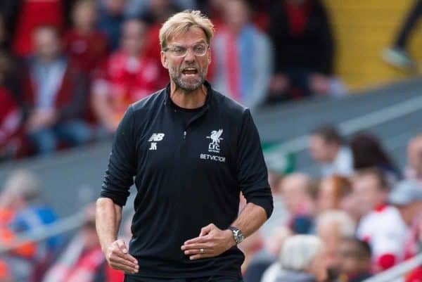 LIVERPOOL, ENGLAND - Saturday, September 16, 2017: Liverpool manger Jurgen Klopp reacts during the FA Premier League match between Liverpool and Burnley at Anfield. (Pic by Peter Powell/Propaganda)