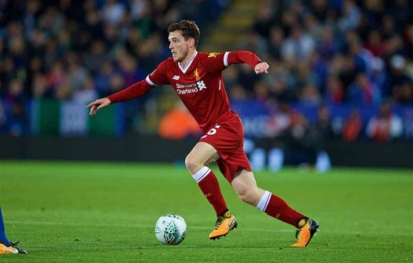 LEICESTER, ENGLAND - Saturday, September 23, 2017: Liverpool's Andy Robertson during the Football League Cup 3rd Round match between Leicester City and Liverpool at the King Power Stadium. (Pic by David Rawcliffe/Propaganda)