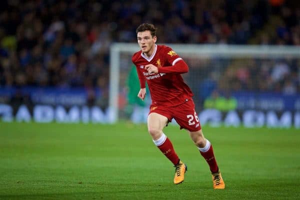 LEICESTER, ENGLAND - Saturday, September 23, 2017: Liverpool's Andy Robertson during the Football League Cup 3rd Round match between Leicester City and Liverpool at the King Power Stadium. (Pic by David Rawcliffe/Propaganda)
