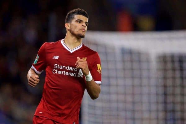 LEICESTER, ENGLAND - Saturday, September 23, 2017: Liverpool's Dominic Solanke looks dejected after missing a chance during the Football League Cup 3rd Round match between Leicester City and Liverpool at the King Power Stadium. (Pic by David Rawcliffe/Propaganda)