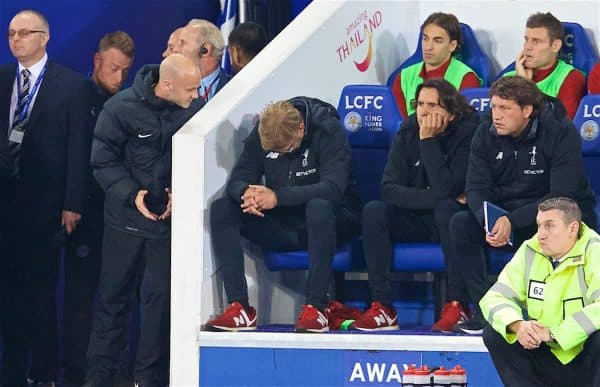 LEICESTER, ENGLAND - Saturday, September 23, 2017: Liverpool's manager Jürgen Klopp argues with the fourth official during the Football League Cup 3rd Round match between Leicester City and Liverpool at the King Power Stadium. (Pic by David Rawcliffe/Propaganda)