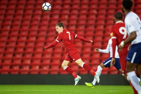 LIVERPOOL, ENGLAND - Friday, September 22, 2017: Liverpool's Harry Wilson scores the first goal during the Under-23 FA Premier League 2 Division 1 match between Liverpool and Tottenham Hotspur at Anfield. (Pic by David Rawcliffe/Propaganda)