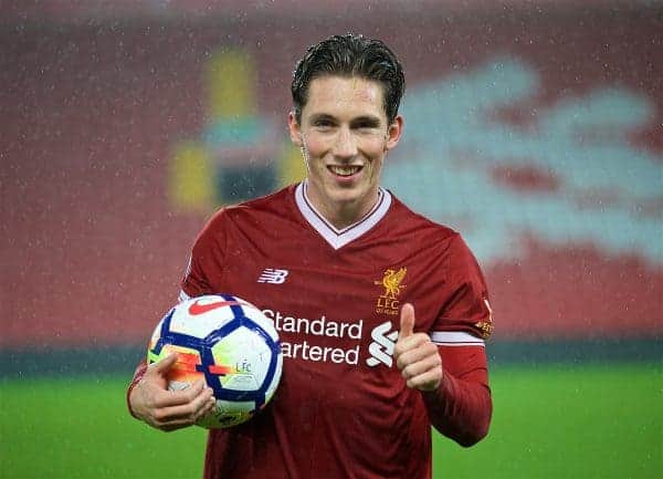 LIVERPOOL, ENGLAND - Friday, September 22, 2017: Liverpool's hat-trick hero Harry Wilson with the match-ball after his three first half goals helped seal a 4-2 victory over Tottenham Hotspur during the Under-23 FA Premier League 2 Division 1 match between Liverpool and Tottenham Hotspur at Anfield. (Pic by David Rawcliffe/Propaganda)