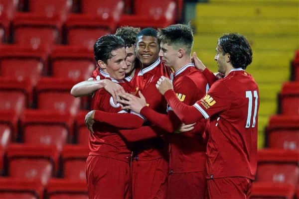 LIVERPOOL, ENGLAND - Friday, September 22, 2017: Liverpool's Harry Wilson celebrates scoring the third goal, his hat-trick, with team-mates Matthew Virtue, Rhian Brewster, Ben Woodburn and Lazar Markovic during the Under-23 FA Premier League 2 Division 1 match between Liverpool and Tottenham Hotspur at Anfield. (Pic by David Rawcliffe/Propaganda)