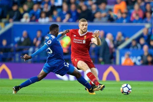 LEICESTER, ENGLAND - Saturday, September 23, 2017: Liverpool's captain Jordan Henderson during the FA Premier League match between Leicester City and Liverpool at the King Power Stadium. (Pic by David Rawcliffe/Propaganda)