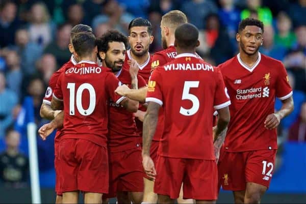 LEICESTER, ENGLAND - Saturday, September 23, 2017: Liverpool's Mohamed Salah celebrates scoring the first goal during the FA Premier League match between Leicester City and Liverpool at the King Power Stadium. (Pic by David Rawcliffe/Propaganda)