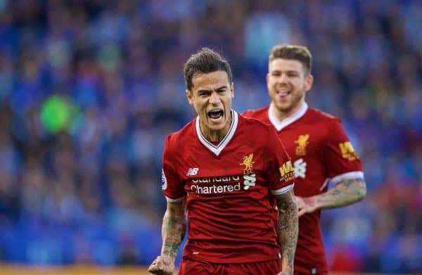 LEICESTER, ENGLAND - Saturday, September 23, 2017: Liverpool's Philippe Coutinho Correia celebrates scoring the second goal during the FA Premier League match between Leicester City and Liverpool at the King Power Stadium. (Pic by David Rawcliffe/Propaganda)