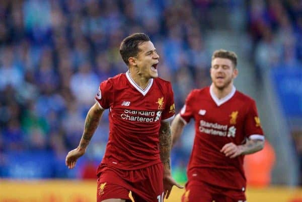 LEICESTER, ENGLAND - Saturday, September 23, 2017: Liverpool's Philippe Coutinho Correia celebrates scoring the second goal during the FA Premier League match between Leicester City and Liverpool at the King Power Stadium. (Pic by David Rawcliffe/Propaganda)
