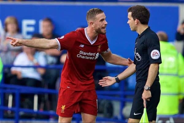 LEICESTER, ENGLAND - Saturday, September 23, 2017: Liverpool's captain Jordan Henderson complains to the assistant referee after Leicester City score an injury time goal in the first half during the FA Premier League match between Leicester City and Liverpool at the King Power Stadium. (Pic by David Rawcliffe/Propaganda)