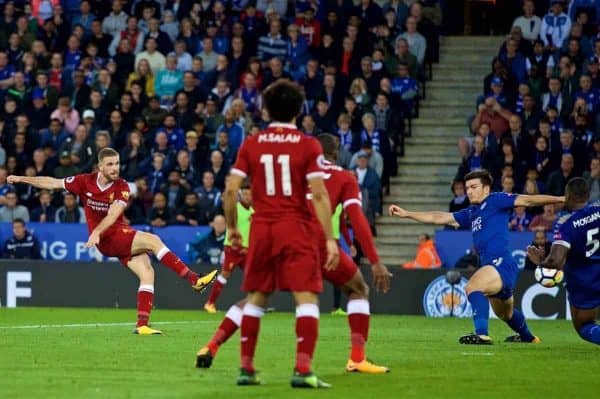 LEICESTER, ENGLAND - Saturday, September 23, 2017: Liverpool's captain Jordan Henderson scores the third goal during the FA Premier League match between Leicester City and Liverpool at the King Power Stadium. (Pic by David Rawcliffe/Propaganda)