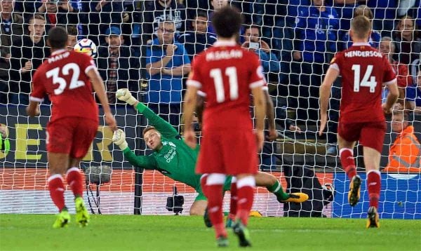LEICESTER, ENGLAND - Saturday, September 23, 2017: Liverpool's goalkeeper Simon Mignolet saves a penalty from Leicester City's Jamie Vardy during the FA Premier League match between Leicester City and Liverpool at the King Power Stadium. (Pic by David Rawcliffe/Propaganda)