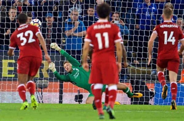 LEICESTER, ENGLAND - Saturday, September 23, 2017: Liverpool's goalkeeper Simon Mignolet saves a penalty from Leicester City's Jamie Vardy during the FA Premier League match between Leicester City and Liverpool at the King Power Stadium. (Pic by David Rawcliffe/Propaganda)