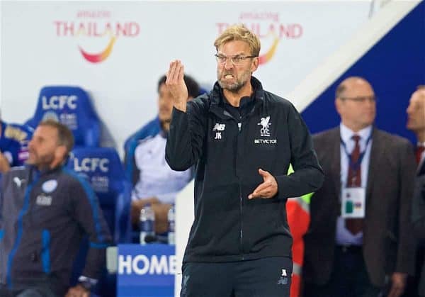 LEICESTER, ENGLAND - Saturday, September 23, 2017: Liverpool's manager Jürgen Klopp reacts during the FA Premier League match between Leicester City and Liverpool at the King Power Stadium. (Pic by David Rawcliffe/Propaganda)