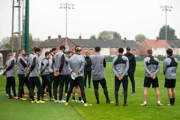 LIVERPOOL, ENGLAND - Monday, September 25, 2017: Liverpool's manager Jürgen Klopp speaks to his players during a training session at Melwood Training Ground ahead of the UEFA Champions League Group E match against FC Spartak Moscow. (Pic by Paul Greenwood/Propaganda)