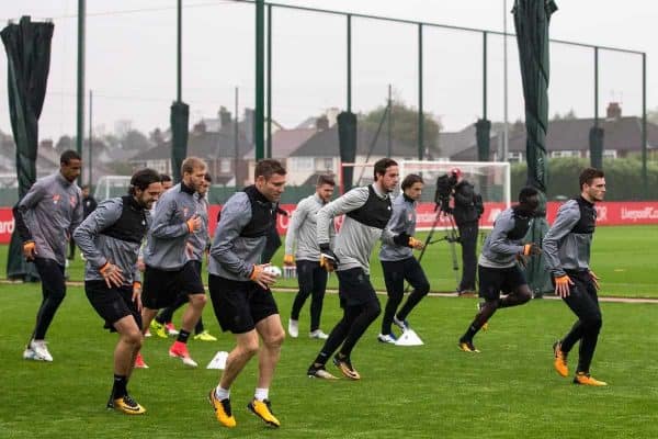 LIVERPOOL, ENGLAND - Monday, September 25, 2017: Liverpool's squad during a training session at Melwood Training Ground ahead of the UEFA Champions League Group E match against FC Spartak Moscow. (Pic by Paul Greenwood/Propaganda) Joel Matip, Danny Ings, James Milner, goalkeeper Danny Ward, Ragnar Klavan, Sadio Mane, Andrew Robertson