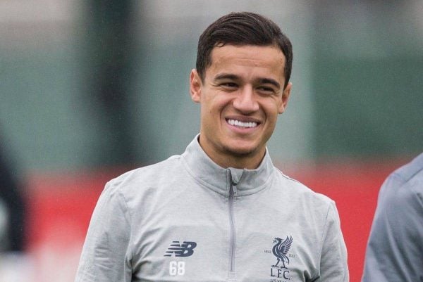 LIVERPOOL, ENGLAND - Monday, September 25, 2017: Liverpool's Philippe Coutinho Correia smiles during a training session at Melwood Training Ground ahead of the UEFA Champions League Group E match against FC Spartak Moscow. (Pic by Paul Greenwood/Propaganda)