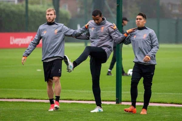 LIVERPOOL, ENGLAND - Monday, September 25, 2017: Liverpool's Ragnar Klavan, Joel Matip, Roberto Firmino during a training session at Melwood Training Ground ahead of the UEFA Champions League Group E match against FC Spartak Moscow. (Pic by Paul Greenwood/Propaganda)