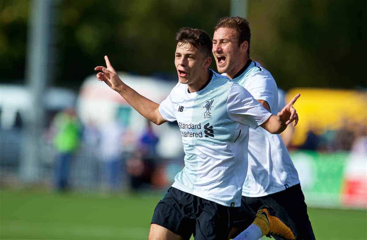 MOSCOW, RUSSIA - Tuesday, September 26, 2017: Liverpool's Adam Lewis celebrates scoring the first goal during the UEFA Youth League Group E match between Liverpool and Spartak Moscow FC at the Spartak Academy. (Pic by David Rawcliffe/Propaganda)