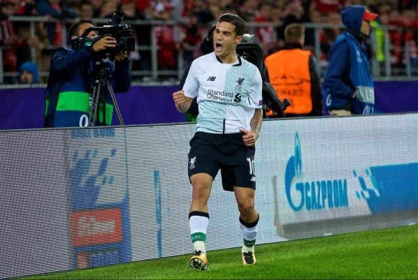 MOSCOW, RUSSIA - Tuesday, September 26, 2017: Liverpool's Philippe Coutinho Correia celebrates scoring the first equalising goal during the UEFA Champions League Group E match between Spartak Moscow and Liverpool at the Otkrytie Arena. (Pic by David Rawcliffe/Propaganda)