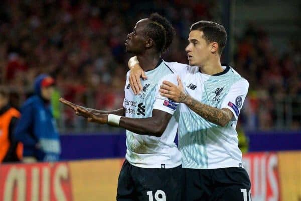 MOSCOW, RUSSIA - Tuesday, September 26, 2017: Liverpool's Philippe Coutinho Correia celebrates scoring the first equalising goal with team-mate Sadio Mane during the UEFA Champions League Group E match between Spartak Moscow and Liverpool at the Otkrytie Arena. (Pic by David Rawcliffe/Propaganda)