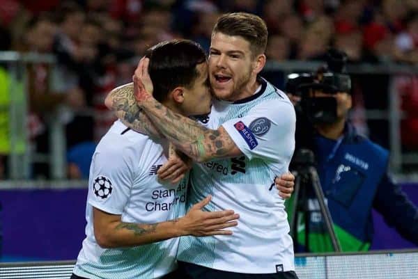 MOSCOW, RUSSIA - Tuesday, September 26, 2017: Liverpool's Philippe Coutinho Correia celebrates scoring the first equalising goal with team-mate Alberto Moreno during the UEFA Champions League Group E match between Spartak Moscow and Liverpool at the Otkrytie Arena. (Pic by David Rawcliffe/Propaganda)