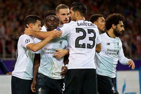 MOSCOW, RUSSIA - Tuesday, September 26, 2017: Liverpool's Philippe Coutinho Correia celebrates scoring the first equalising goal with team-mates during the UEFA Champions League Group E match between Spartak Moscow and Liverpool at the Otkrytie Arena. (Pic by David Rawcliffe/Propaganda)