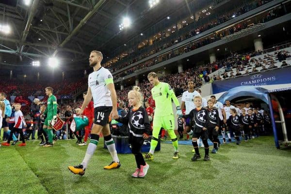 MOSCOW, RUSSIA - Tuesday, September 26, 2017: Liverpool's captain Jordan Henderson leads his side out to face FC Spartak Moscow during the UEFA Champions League Group E match between Spartak Moscow and Liverpool at the Otkrytie Arena. (Pic by David Rawcliffe/Propaganda)