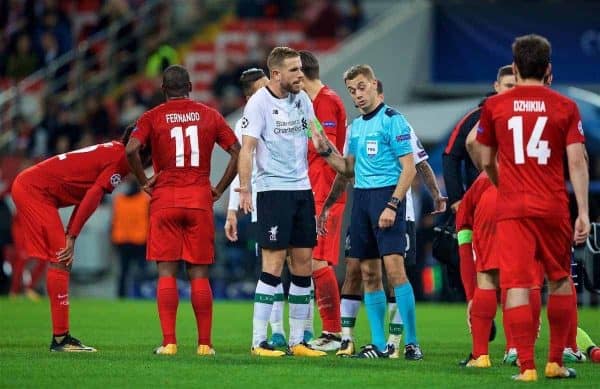 MOSCOW, RUSSIA - Tuesday, September 26, 2017: Liverpool's captain Jordan Henderson speaks to the referee during the UEFA Champions League Group E match between Spartak Moscow and Liverpool at the Otkrytie Arena. (Pic by David Rawcliffe/Propaganda)