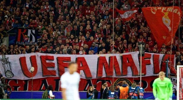 MOSCOW, RUSSIA - Tuesday, September 26, 2017: FC Spartak Moscow supporters' banner "UEFA Mafia" during the UEFA Champions League Group E match between Spartak Moscow and Liverpool at the Otkrytie Arena. (Pic by David Rawcliffe/Propaganda)