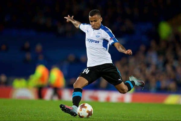 LIVERPOOL, ENGLAND - Thursday, September 28, 2017: Apollon Limassol's Allan Rodrigues de Souza during the UEFA Europa League Play-Off 1st Leg match between Everton and Apollon Limassol FC at Goodison Park. (Pic by David Rawcliffe/Propaganda)