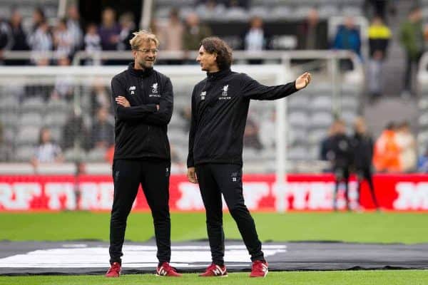 NEWCASTLE-UPON-TYNE, ENGLAND - Sunday, October 1, 2017: Liverpool Manager Jurgen Klopp and Liverpool assistant Manager Zeljko Buvac during the pre-match warm-up ahead of the FA Premier League match between Newcastle United and Liverpool at St. James' Park. (Pic by Paul Greenwood/Propaganda)