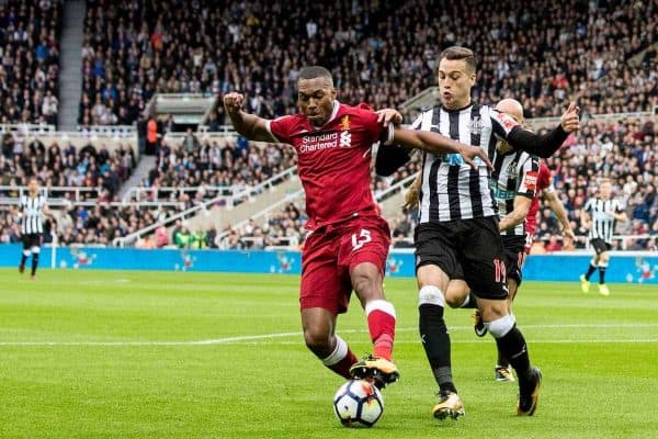 NEWCASTLE-UPON-TYNE, ENGLAND - Sunday, October 1, 2017: Liverpool's Daniel Sturridge and Newcastle United's Javier Manquillo during the FA Premier League match between Newcastle United and Liverpool at St. James' Park. (Pic by Paul Greenwood/Propaganda)