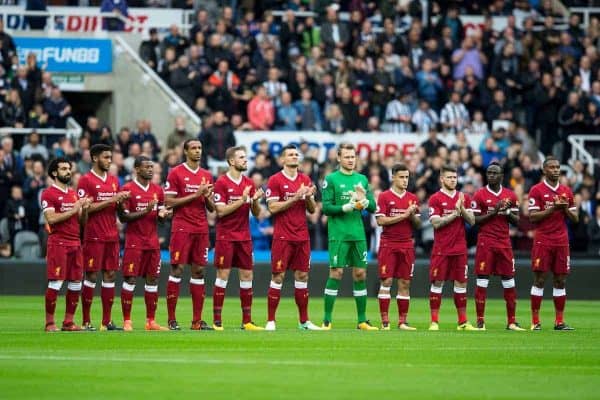 NEWCASTLE-UPON-TYNE, ENGLAND - Sunday, October 1, 2017: Liverpool's players line-up for a minute's pre-match applause in memory of Newcastle United's former chairman Freddie Sheperd before the FA Premier League match between Newcastle United and Liverpool at St. James' Park. (Pic by Paul Greenwood/Propaganda)