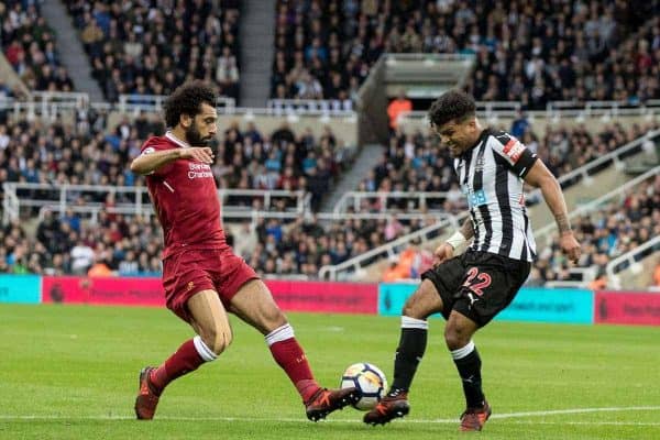 NEWCASTLE-UPON-TYNE, ENGLAND - Sunday, October 1, 2017: Liverpool's Mohamed Salah and Newcastle United's DeAndre Yedelin during the FA Premier League match between Newcastle United and Liverpool at St. James' Park. (Pic by Paul Greenwood/Propaganda)