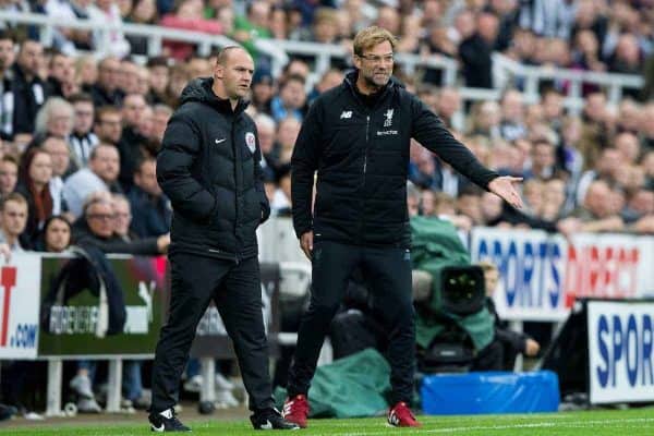 NEWCASTLE-UPON-TYNE, ENGLAND - Sunday, October 1, 2017: Liverpool's Manager Jürgen Klopp speaks with fourth official Bobby Madley during the FA Premier League match between Newcastle United and Liverpool at St. James' Park. (Pic by Paul Greenwood/Propaganda)